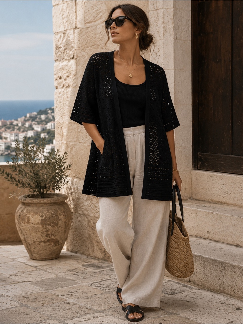 CYRUS Black Open Knit Pointelle Geometric Cardigan Sz XL  Lightweight Layering